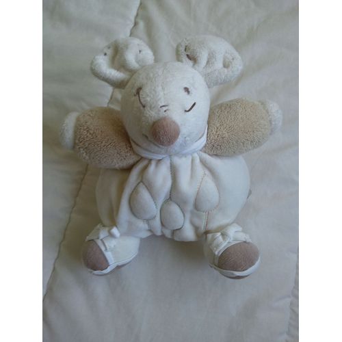 Souris Doudou Peluche Kaloo Boule Blanc Beige Brun Ecru Nature Feuilles 19 Cms