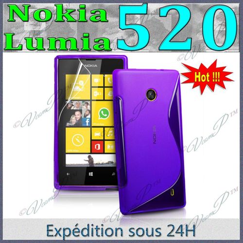 Coque Etui Pochette Housse  En Tpu Silicone Gel Motif Ligne S Vague S-Line  Couleur  Violet Pour Nokia Lumia 520 + Film D'écran
