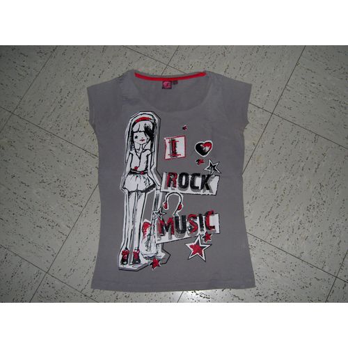 T-Shirt Tee Shirt Manches Courtes Col Rond Gris Foncé Motif Adolescente I Love Rock Music Bilook Taille 12 Ans