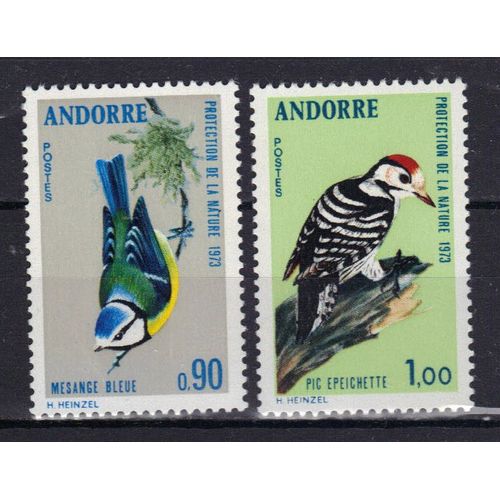 Andorre Francais 1973 : Protection De La Nature : Faune : Oiseaux : Mésange Bleue / Pie Épeichette - Série Entière De 2 Timbres Neufs **