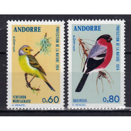 Andorre Francais 1974 : Protection De La Nature : Faune : Oiseaux : Venturon Montagnard / Bouvreuil - Série Entière De 2 Timbres Neufs ** Cote 9 ¿