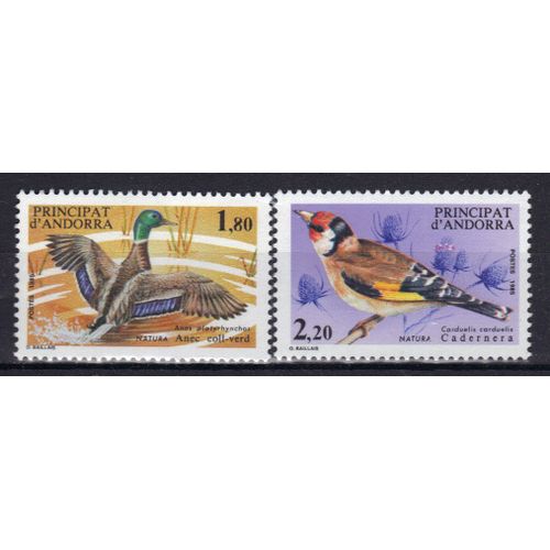 Andorre Francais 1985 : Protection De La Nature : Faune : Oiseaux : Anas Platyrhynchos / Carduelis Carduelis - Série Entière De 2 Timbres Neufs **