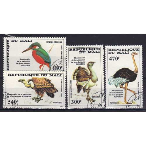 Mali 1985 Poste Aerienne : Bicentenaire De La Naissance De L'ornithologue J.J.Aubusson (1785-1851) : Oiseaux : Martin-Pêcheur/Outarde/Autruche/Vautour - Série Entière De 4 Timbres Oblitérés
