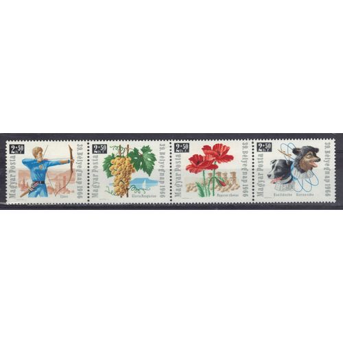 Hongrie 1966 : Journée Du Timbre : Archer / Raisin / Coquelicots / Chiens De L'espace - Série Entière De 4 Timbres Neufs ** Et Attenants