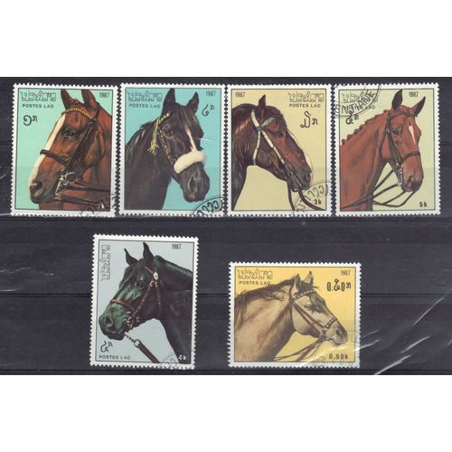 Laos 1987 : Chevaux De Races : Tête Ou Avant-Main De Chevaux De Races Diverses Avec Harnachement - Série De 6 Timbres Oblitérés