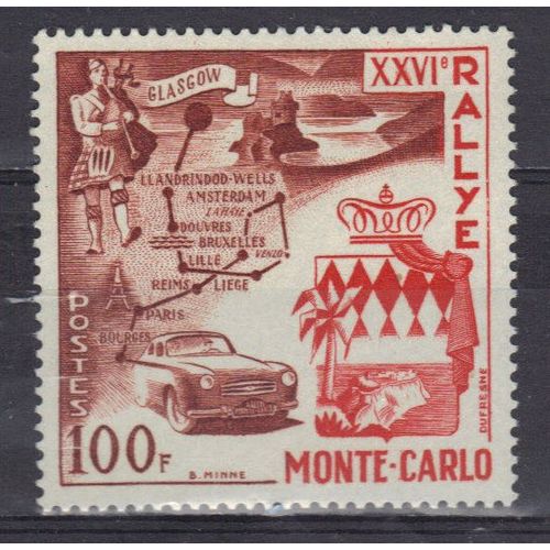 Monaco 1956 : 26è Rallye Automobile De Monte-Carlo : Tracé De Parcours Glasgow-Monte-Carlo - Timbre Neuf * Cote 20 