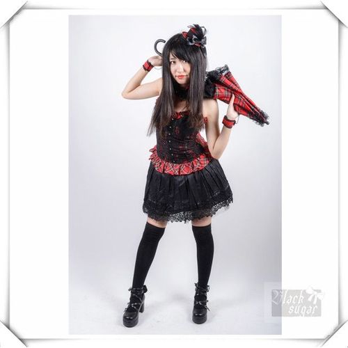 Haut Débardeur Top Corsage T Shirt  Écossais Rougr Noir Dentelle Noir Devant Gothique Punk Lolita Japoanis Rock