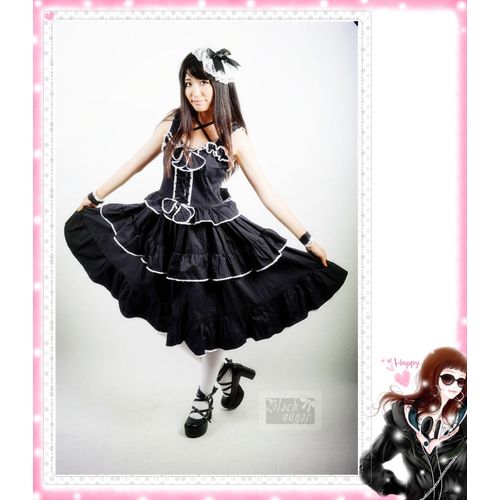 Robe Black Sugar Lolita Noir Lacet Devant Reglable Japonais Manga Soirée Déguisement Cosplay Noir Dentelle
