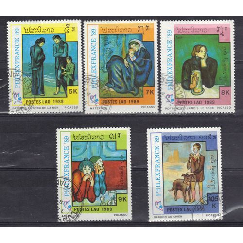 Laos 1989 : "Philexfrance 89" : Exposition Philatélique Mondiale À Paris : Tableaux De Pablo Picasso - Série De 5 Timbres Oblitérés