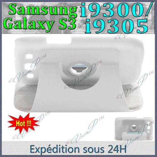 Housse Coque Etui Pochette Rotative (Système De Rotation) Avec Support Inclniable En Cuir Polyuréthane Véritable Blanc Pour Samsung Galaxy S3 I9300/I9305 + Film Protection D'écran