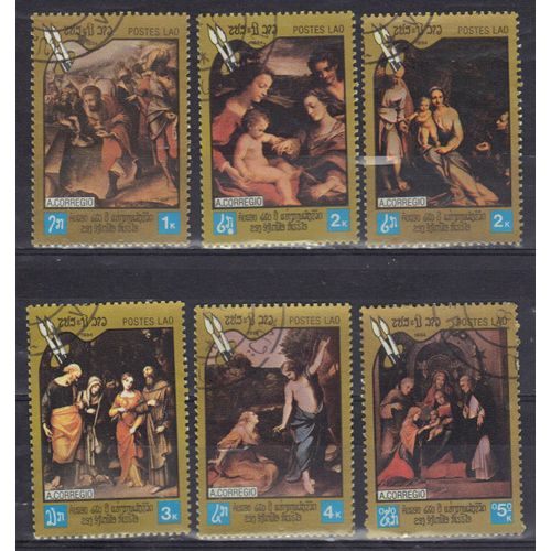 Laos 1984 : 450è Anniversaire De La Mort Du Corrège (Antonio Allegri Dit "Le Corrège" : Tableaux Divers - Série De 6 Timbres Oblitérés