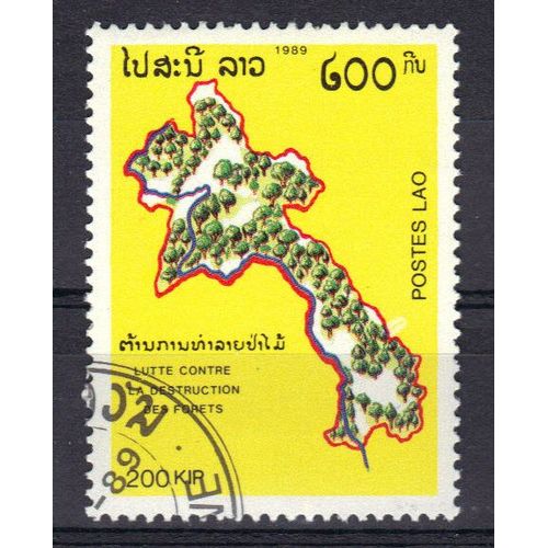 Laos 1989 : Lutte Contre La Destruction Des Forêts : Carte Avec Zones Boisées - Timbre Oblitéré