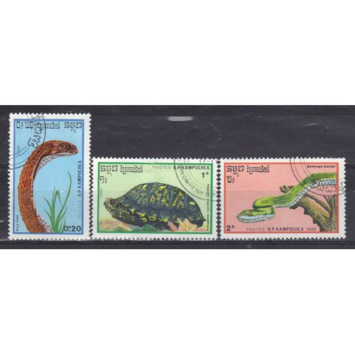 Kampuchea 1988 : Faune : Les Reptiles : Serpents / Tortue - Série De 3 Timbres Oblitérés