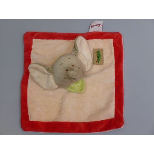 Doudou Peluche Eléphant Bengy Jungle Plat Carré Blanc Cassé Écru Rouge Foulard Vert