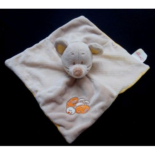 Doudou Peluche Souris Bengy Plat Carré Beige Tissu Rayé Coccinelle