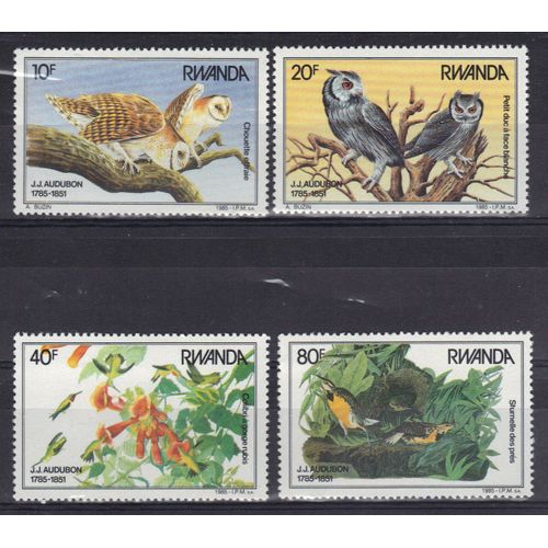 Rwanda 1985 : Bicentenaire De La Naissance De L'ornithologue J.J.Audubon : Oiseaux : Chouette Effraie / Petit Duc / Colibris / Sturnelles Des Prés - Série Entière De 4 Timbres Neufs ** Cote 17 ¿