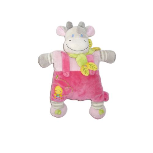 Nicotoy - Doudou Vache Rose Semi-Plat Broderie Poussin Attache Tétine Grelot