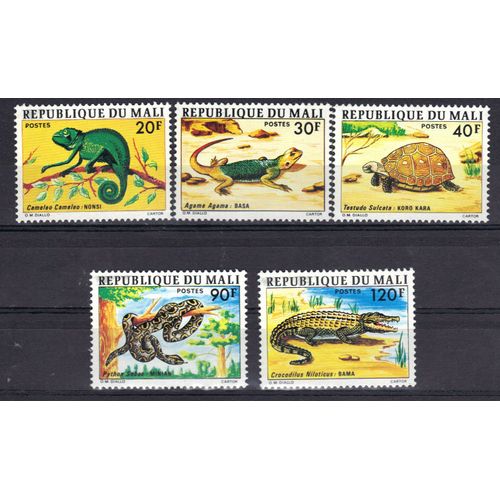 Mali 1976 : Faune : Animaux : Caméléon / Lézard / Tortue / Python / Crocodile - Série Entière De 5 Timbres Neufs **