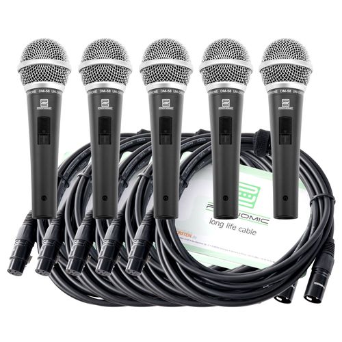 Pronomic Microphone Vocal DM-58  avec Interrupteur Starter Set de 5  avec 5x 5m câble XLR
