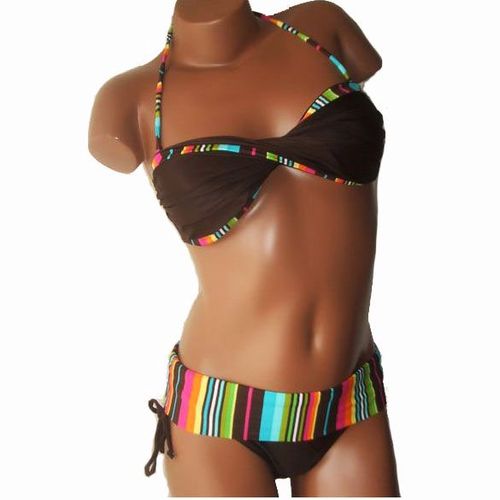 Maillot De Bain Deux Pièces Bandeau Noir Violet Marron Rayé Multicolore Tailles S M L Maillots De Bains