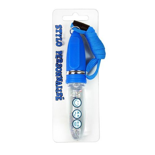 Stylo Message 11 Cm Avec Paillettes Et Cordon Tour De Cou Smiley Bleu