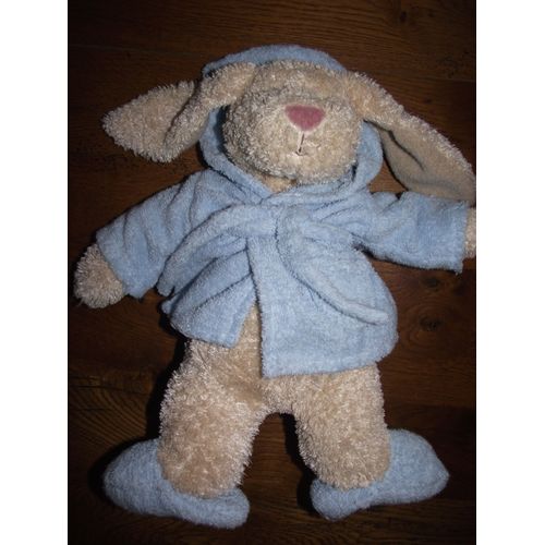 Doudou Peluche Lapin Rabbit Sia Marron Robe De Chambre Peignoir Chaussons Bleu Ciel