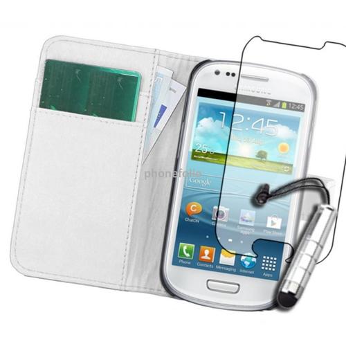 Etui Housse Coque Pochette Portefeuille En Cuir Pu Format Livre Horizontale Emplacement Cartes Couleur  Blanc Pour Samsung Galaxy S4 Mini I9190 / I9195 +1 Mini Stylet Tactile+ Film D'écran