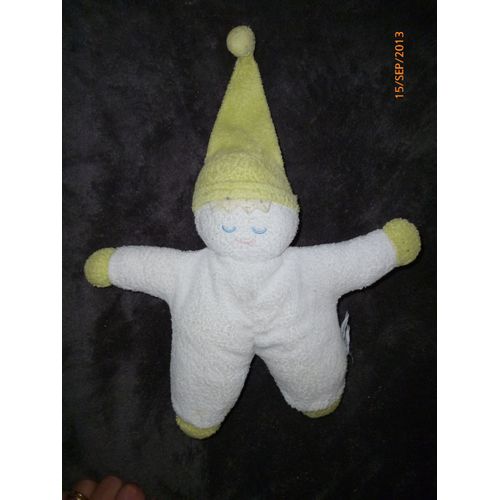 Doudou Lutin Blanc Bonnet Jaune Dormeur Semi Plat Éponge 30cm En Tout