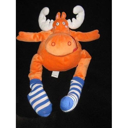 Doudou Peluche Cerf Caribou Elan Ikea Avec Chaussettes Orange Bleu 50 Cm Environ Sans Les Cornes.