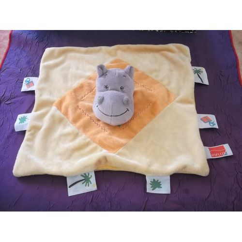 Doudou Hippopotame Rhinoceros Gris Plat Orange Etiquette Influx Cora Palmier Marionnette