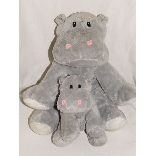 Hippopotame Doudou Auchan Gris Peluche De 35 Cm + Bb De 20 Cm
