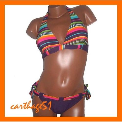 Maillot De Bain Femme Bikini Triangle Deux 2 Pièces Rayé Rayures Multicolores - S 36  M 38  L 40  Xl 42  - Maillots De Bain