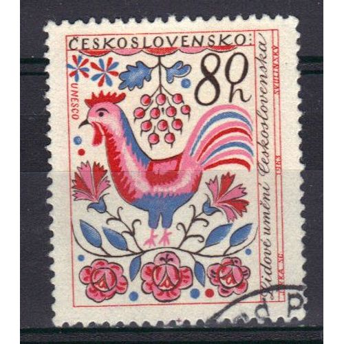 Tchecoslovaquie 1963 : Unesco : Jouet En  Bois : Oiseau : Coq, Fresque De Chambre - Timbre Oblitéré