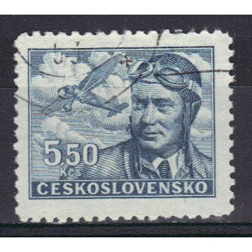 Tchecoslovaquie 1946 Poste Aerienne : Capitaine Novak - Timbre 5 K. 50 Gris-Bleu Oblitéré
