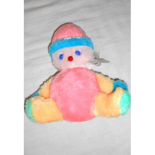 Poupée En Peluche Doudou Bonhomme Garçon Lutin Clown Marque Nounours Rose Orange Bleu Vert Yeux Bleus Nez Rouge Chapeau Ruban Nouée Autour Du Cou 24 Cm Assis