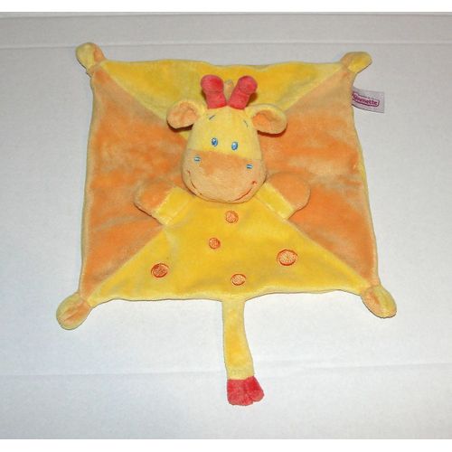 Doudou Plat Girafe Pommette Jaune Orange Tête Girafe  Vache Carré 4 Noeuds  23 X 23 Cm