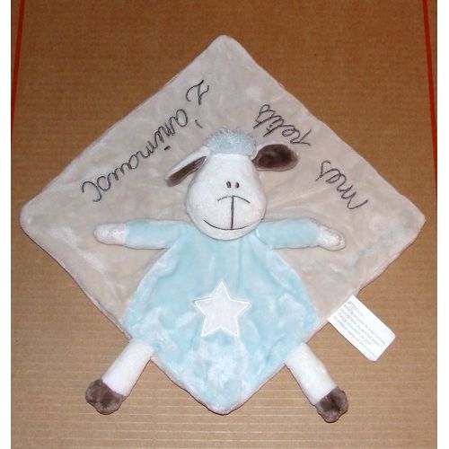 Doudou Peluche Mouton Kimbaloo Plat Carré Crème Gris Bleu Mes P'tits Petits Z'animaux
