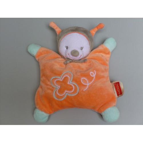 Doudou Abeille/Papillon Semi Plat, Orange, Bleu, Gris, Grelot, Nattou