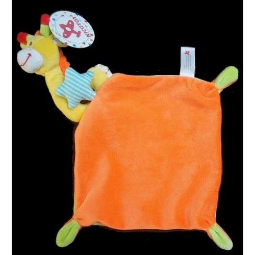 Doudou Peluche Girafe Nicotoy Plat Jaune Blanc Etoiles Mouchoir Carré Orange Vert