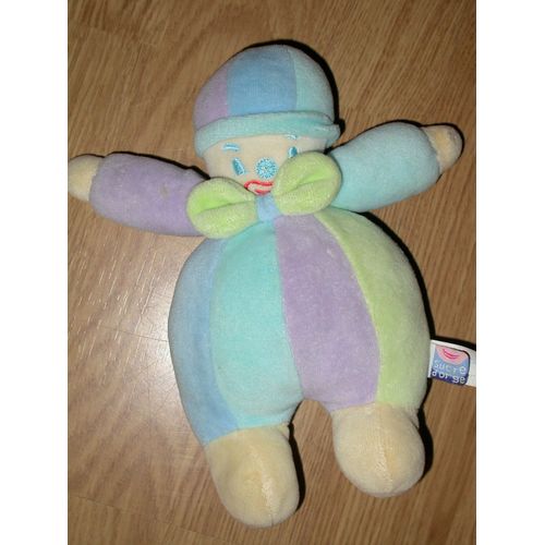 Doudou Peluche Clown Bonhomme Multicolore Violet Vert Bleu Noeud N¿Ud Papillon Garçon 21 Cm