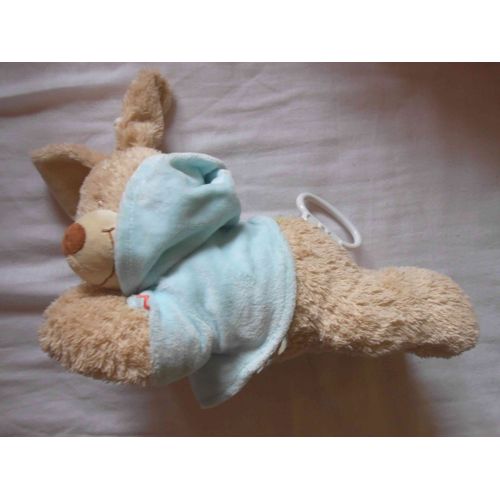 Lapin  Doudou Nicotoy - Peluche Musicale Beige Pull Bleu  Étiquettes Allongé Couché Boîte À Musique 30 Cm