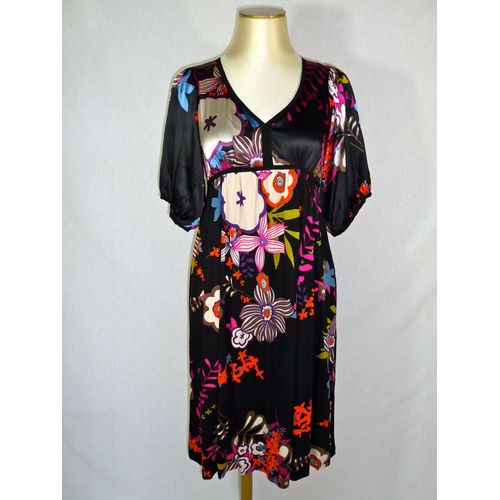 Chacok Robe Corolle En Soie Noire À Fleurs Multicolores T 0 (36 - 38 ) Neuf