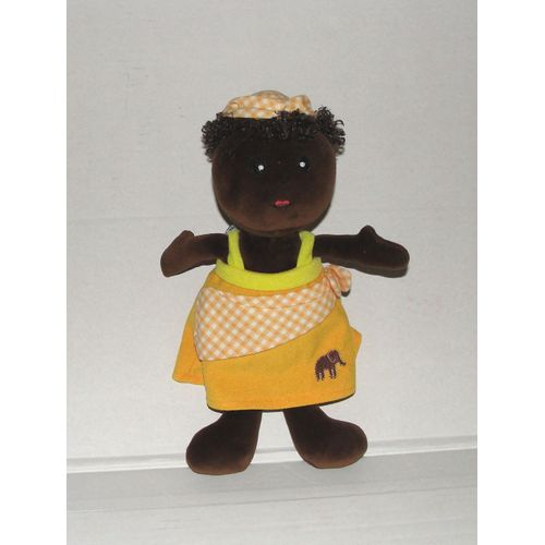 Doudou Poupée Fillette Noire Chapeau Et Tablier Vichy Orange Ajena 25cm