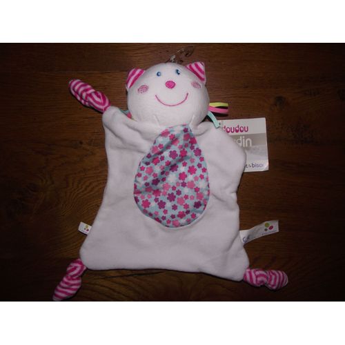 Doudou Plat Peluche Chat P'tit Bisou Aubert Collection Jardin Fleurs Blanc Rose 4 Noeuds Grelot Jouet Eveil Bebe Naissance