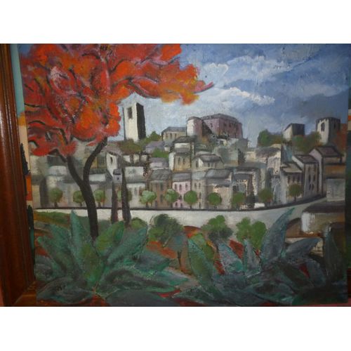 Peinture Sur Bois Double:"Vue Sur Vence",Au Dos Bouquet De Fleurs.