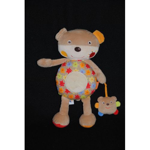 Ours Peluche Doudou Bilaboo Babysun Beige Imprimé Hochet Grelot 27 Cm