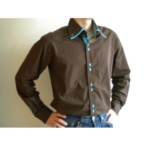 Chemise Marron-Chocolat À Contraste Bleu-Turquoise - Marco Serussi - Taille43/44 (Xl)