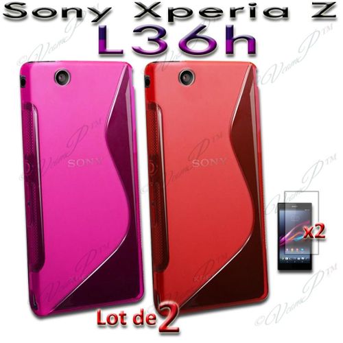 Accessoires Lot Pack De 2x Coque Etui Housse Pochette Silicone Gel Motif S Vague S-Line Rose Fuchsia Rouge  Pour Sony Xperia Z +  2 Films D'écran