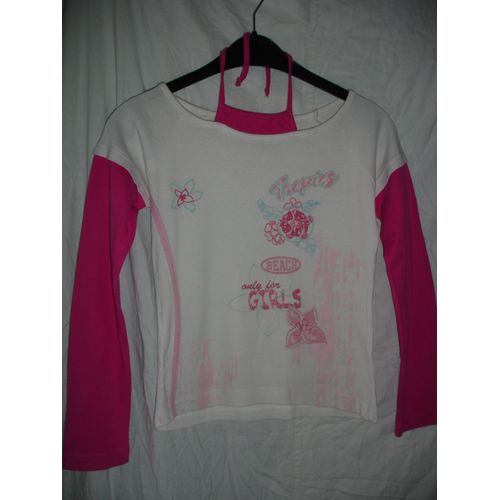 Sweat Bicolore Blanc & Rose Fushia "Tropics Beach" 14 Ans