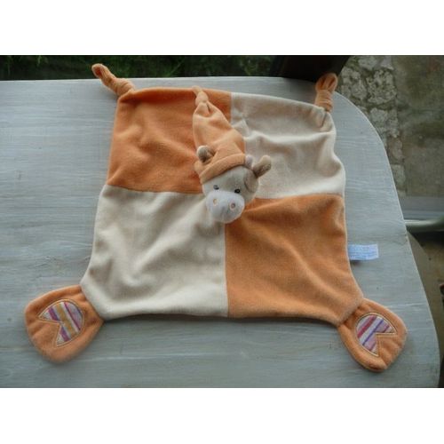 Doudou Gipsy, Vache, Plat, Carré, Orange, Écru, Tissus Rayé, Envers Coton Orange